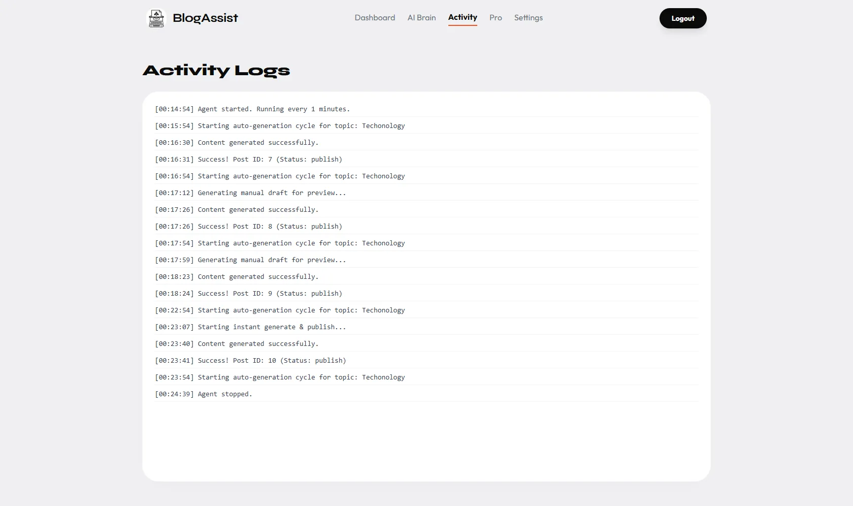 BlogAssist activity log terminal feed