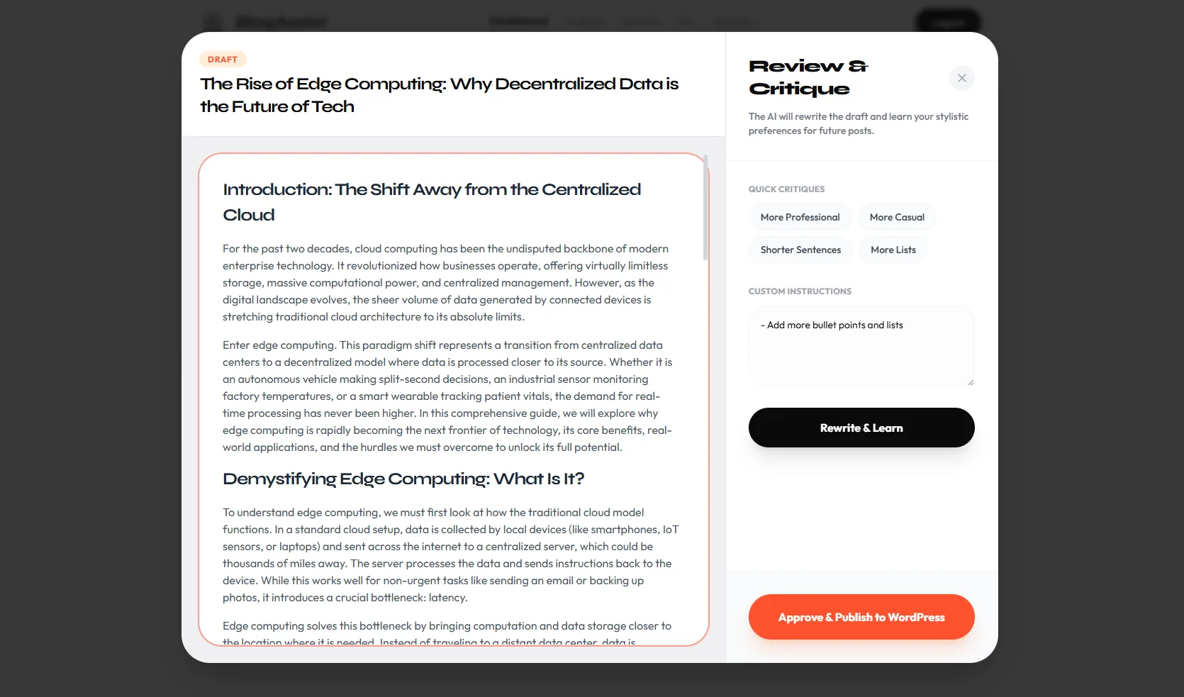 Preview and Critique modal with editable draft and feedback panel