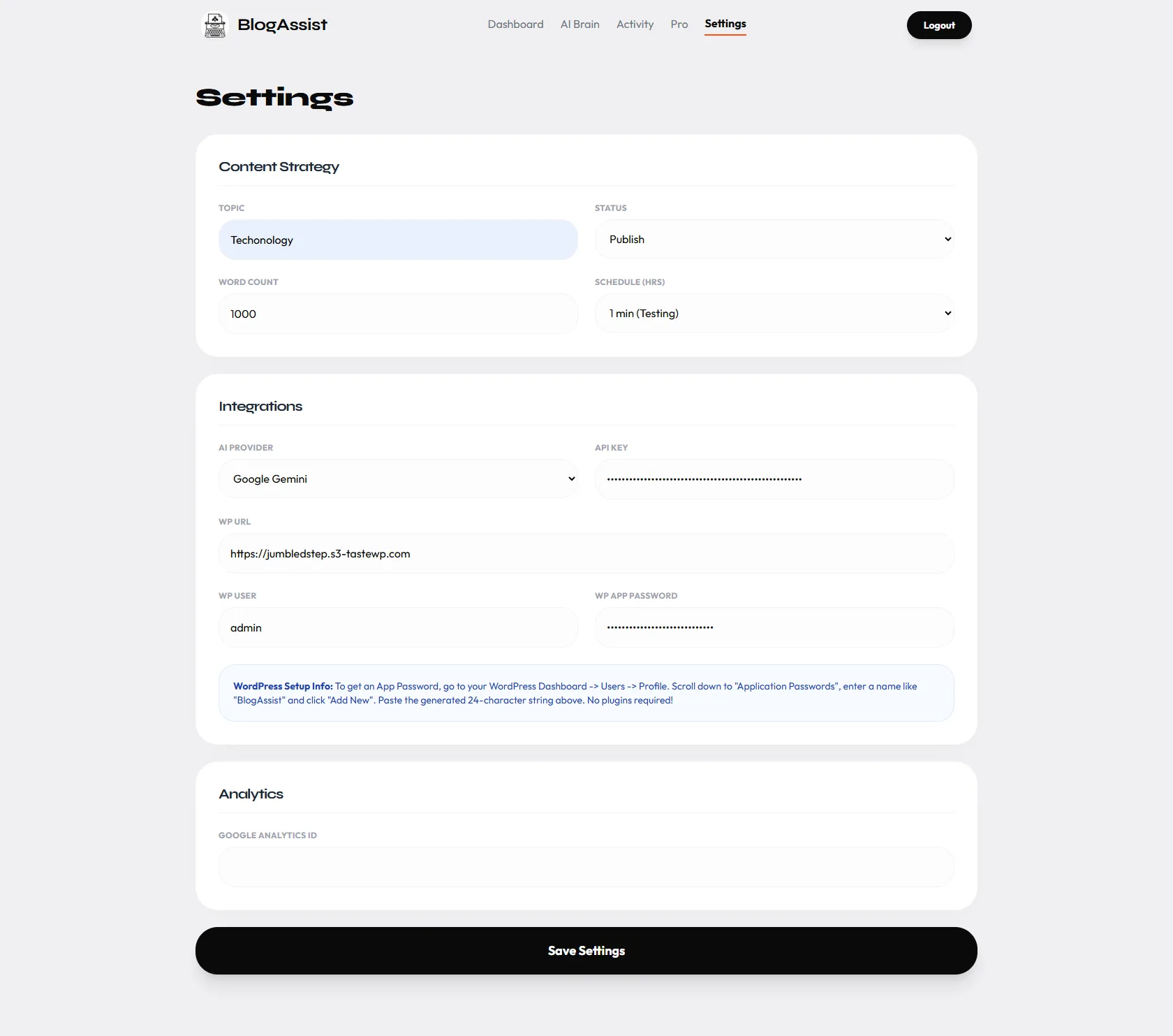 BlogAssist settings screen
