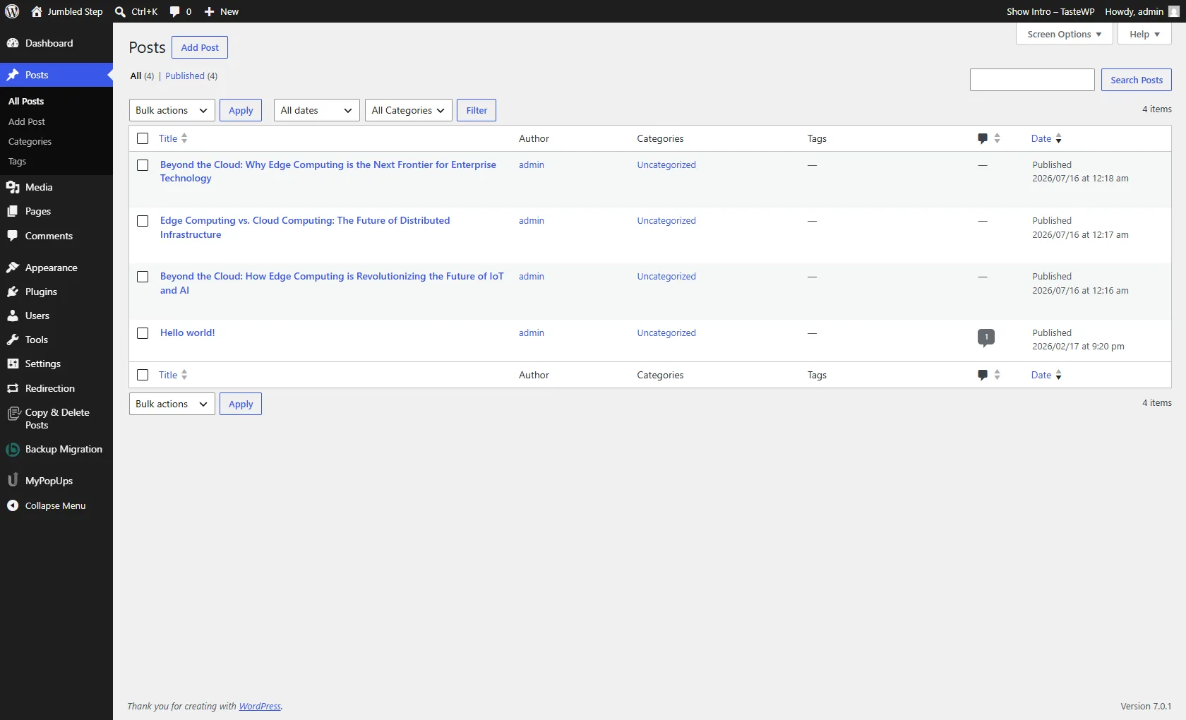WordPress posts list showing 4 posts published autonomously
