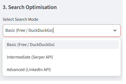 Search Optimisation dropdown