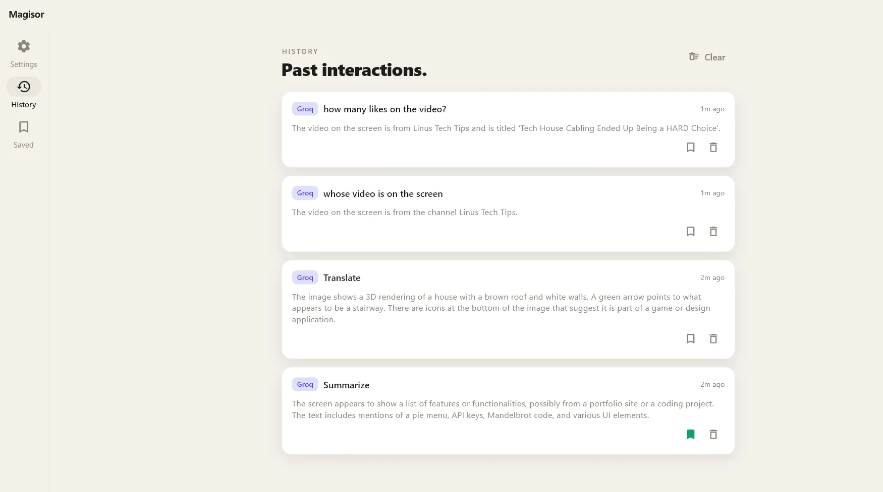 The History tab showing past interactions
