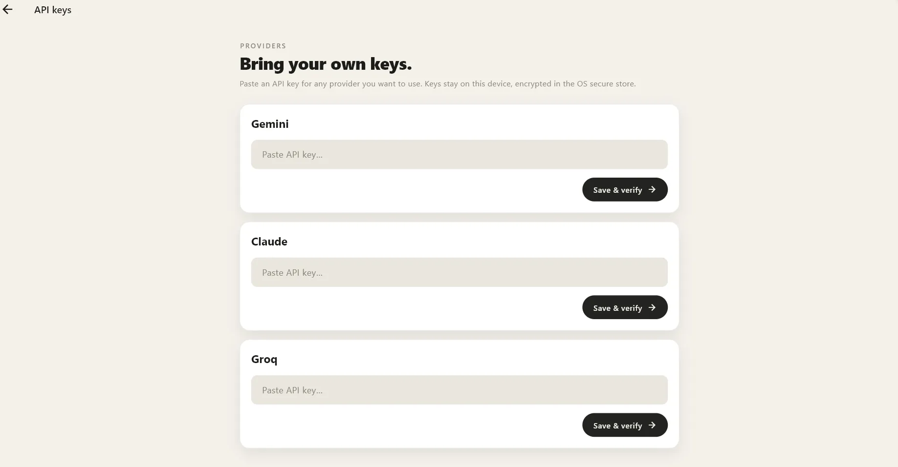 The API key management screen for Gemini, Claude, and Groq