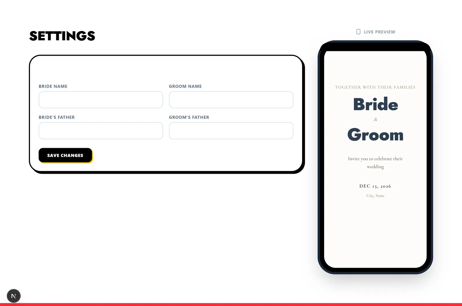 Settings — live mobile preview of the guest app