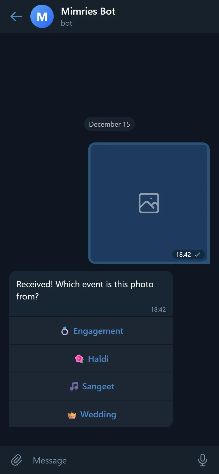 Telegram upload flow — scan, tap, send