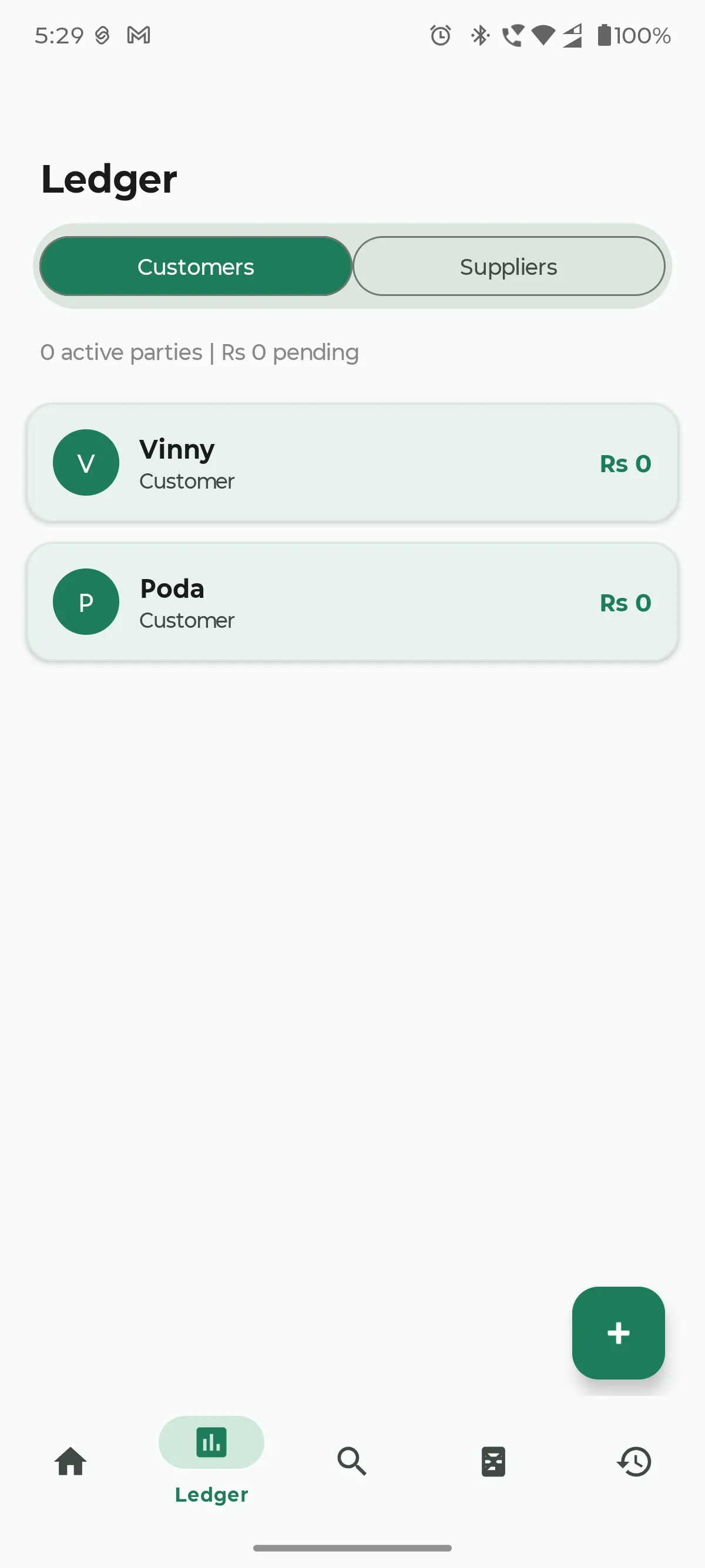 Ledger screen, Customers tab, showing party cards and the floating add button