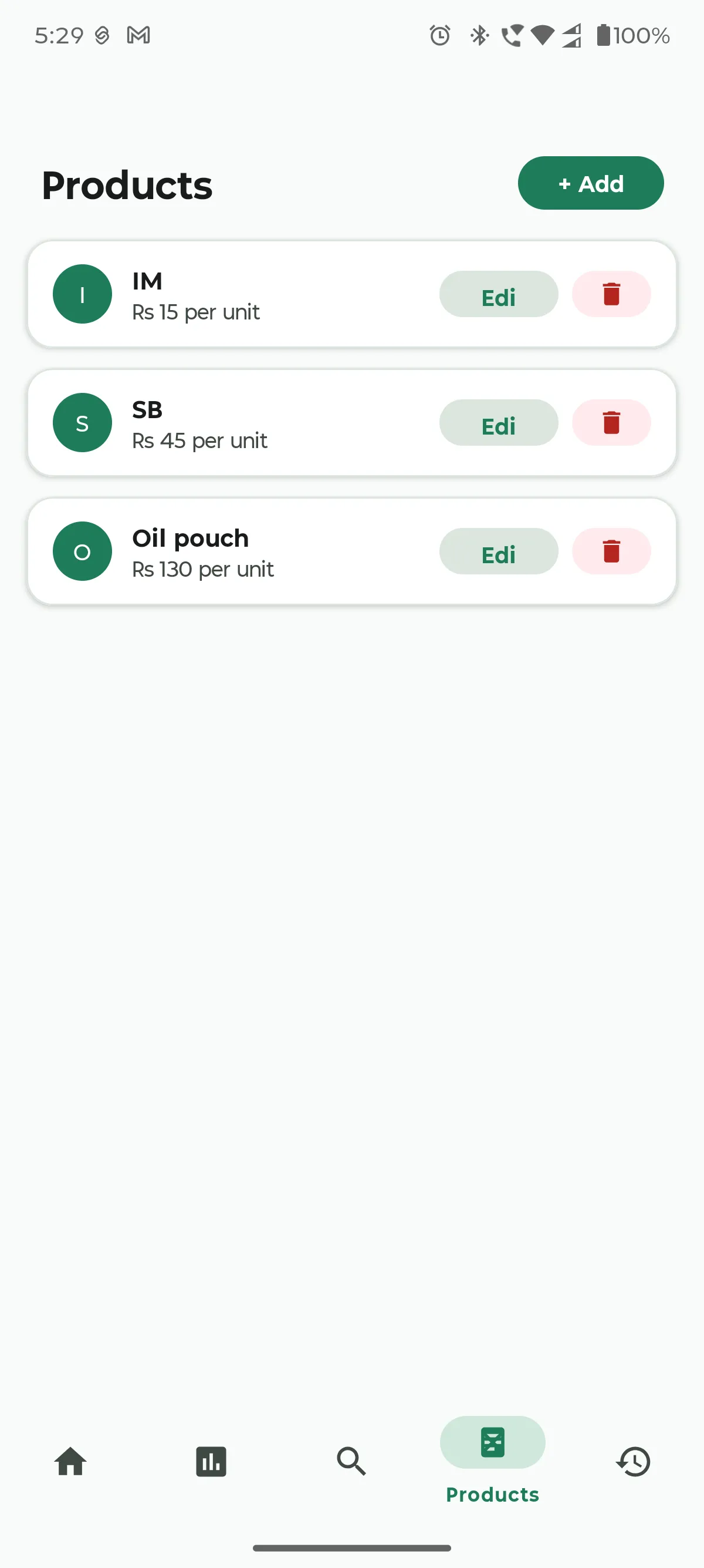 Products catalog screen with editable price entries
